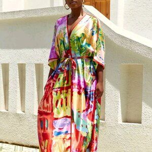 Vibrant Print Robe Coverup Kimono One Size Multicolor EUC